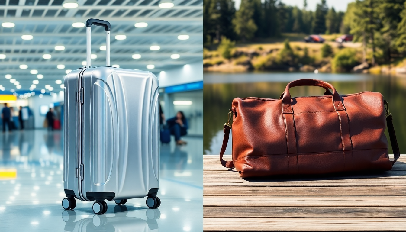 side by side of a hard case cover in an airport, and a duffel bag outdoors